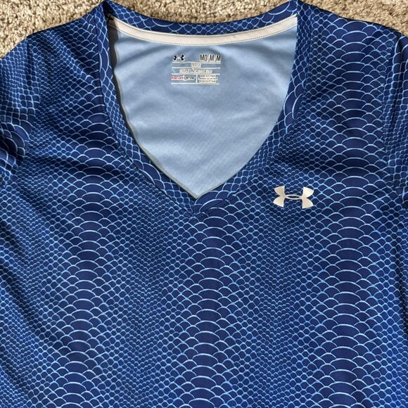 Under Armour Shirt Womens Medium Blue HeatGear V Neck Athletic Running Workout - Picture 2 of 8